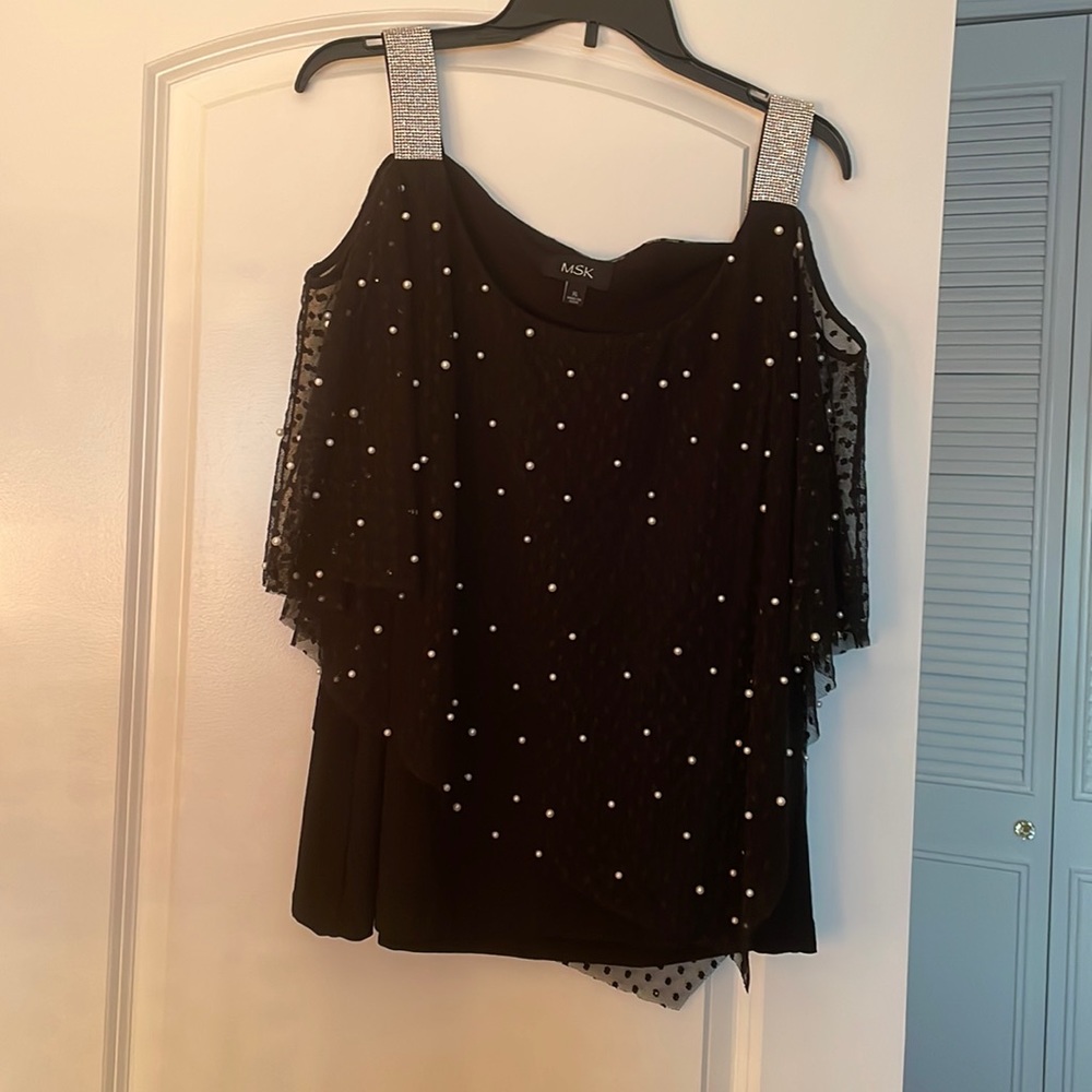 Cold shoulder mesh holiday top with pearls